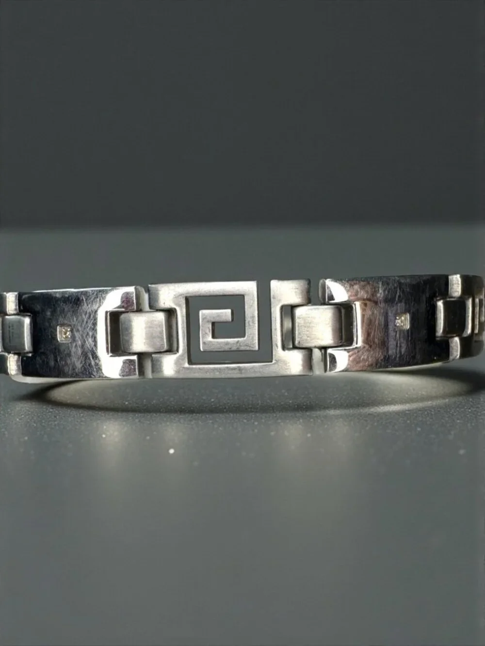 Italy OR Stainless Steel Greek Key Bracelet Diamond Accent 2000s